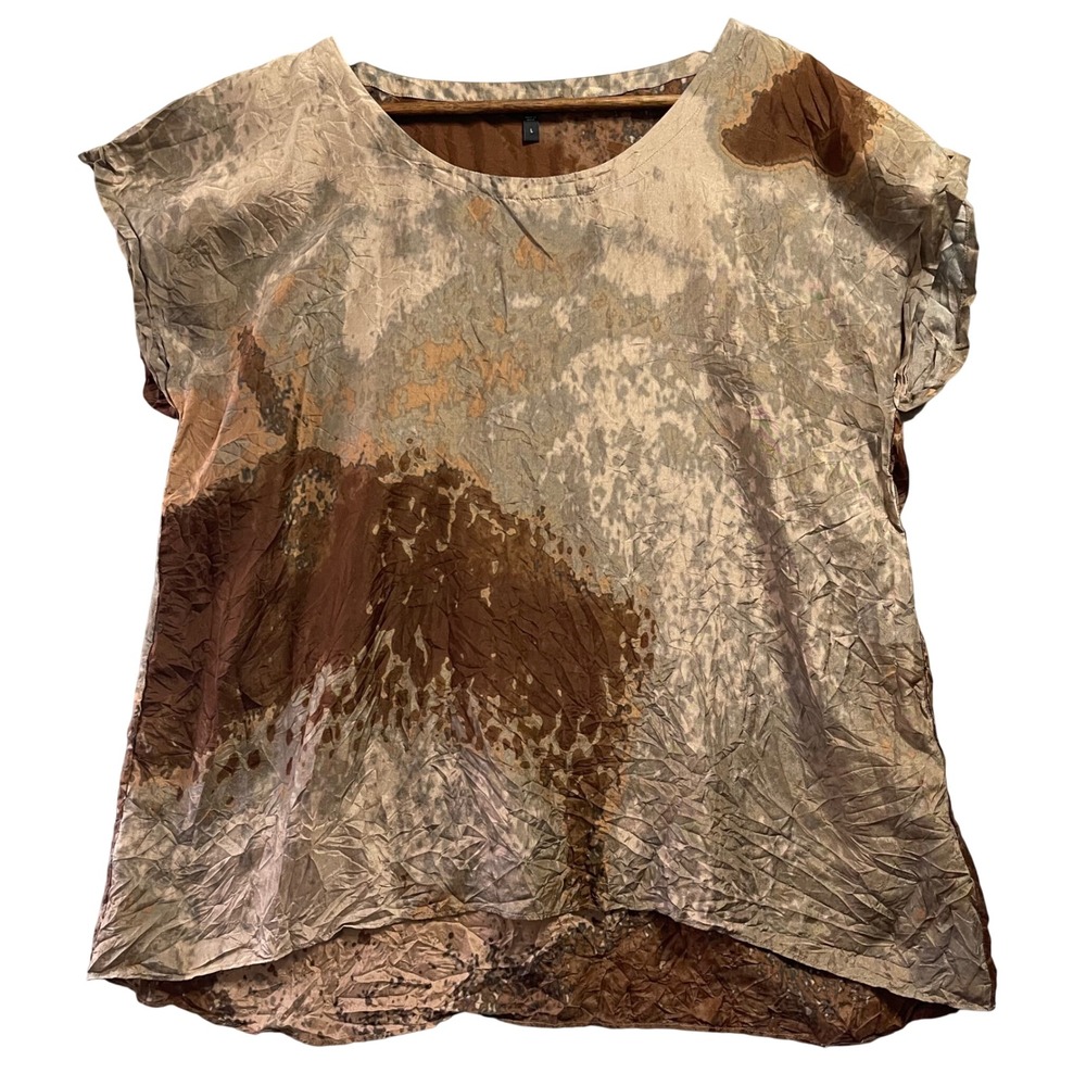 Eileen Fisher Womens Top Silk L Brown Sea Spray Print Crinkle Lagenlook Earthy
